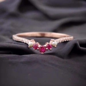 925 Sterling Silver 3 mm Round Shape Natural Pink Ruby Ring Pearl Ring Jewelry - Picture 1 of 6