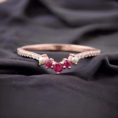 925 Sterling Silver 3 mm Round Shape Natural Pink Ruby Ring Pearl Ring Jewelry - Image 1 of 4
