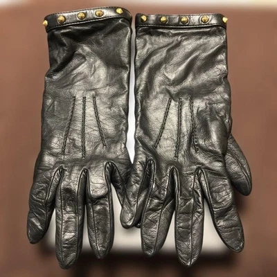 GUCCI Black Leather Studded Gloves Cashmere Lined 5 Finger Made in Italy - Image 1 of 4