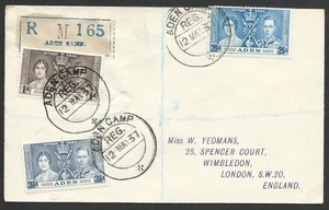 ADEN 1937 Coronation set on registered FDC to UK...........................49337 - Picture 1 of 1