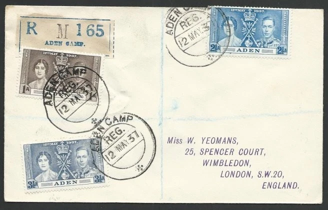 ADEN 1937 Coronation set on registered FDC to UK...........................49337 - Image 1 of 1