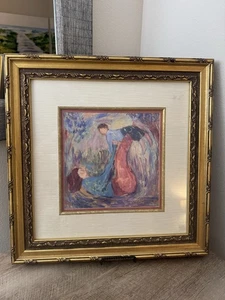 "Estera de madre e hijo firmada en madera Barbara A marco de madera dorado 20 X 20""" - Imagen 1 de 14