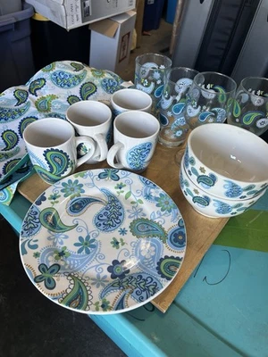 Juego de vajilla verde azul cachemir platos tazas cuencos vasos 16 piezas boho floral Foto 1 de 4