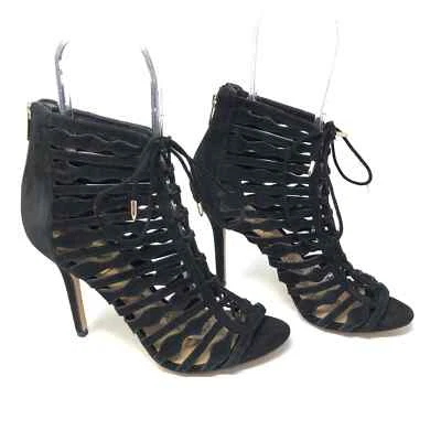 Sandália gladiador Sam Edelman 10 camurça preta salto alto com cadarço e zíper nas costas - Imagem 1 de 4