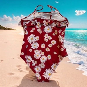 Garnet Hill Kids Girls Swimsuit Size 12 RED DAISY Ruffle Neck - Picture 1 of 6