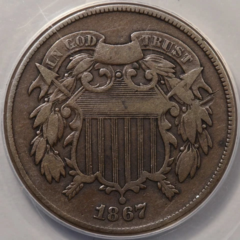 1867 Two Cent Piece with Double Die Obverse! ANACS F-15 Cover