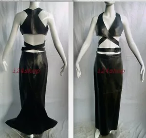 FR38/40, US6/8---2PC AZZEDiNE ALAiA BLACK LAMBSKiN BUSTiER & LONG SKIRT NEW - Picture 1 of 15