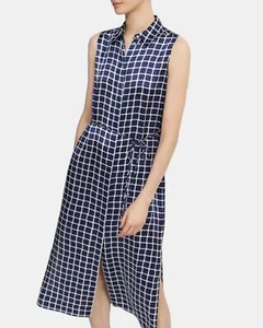 THEORY Navy Ivory Tile Print Satin Silk Sleeveless Shirt-Dress P XS 0 (NO SASH) - Picture 1 of 11