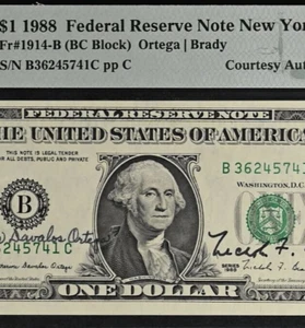 1988 $1 Federal Reserve Note - PMG 63EPQ - Dual Autograph - Ortega / Brady - Picture 1 of 3