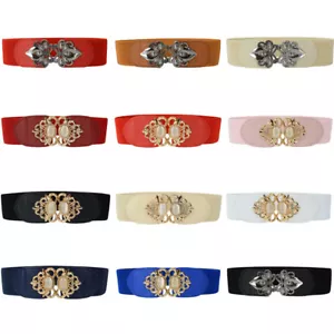 Women Retro Metal Flower Buckle Faux Leather Belt Stretch Dress Cinch Waistband - Picture 1 of 16