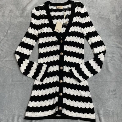 Elie Tahari 开衫毛衣中号全新带标签长款白色黑色开口编织 — 第 1/4 张图片