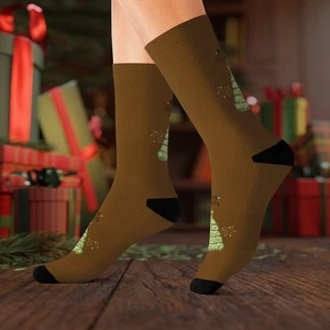 Merry Christmas Tree Xmas Brown Sublimation Socks - Picture 1 of 18