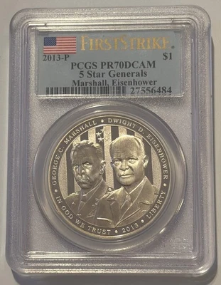FIRST STRIKE ~~2013-P 5 Star Generals Commemorative Silver Dollar PR70DCAM PCGS - Image 1 of 4