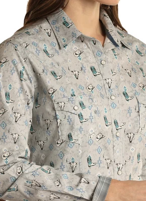 Camisa a Presión Panhandle Slim Roughstock Para Mujer Gris/Turquesa Estampado RWN2S02214 Foto 1 de 2