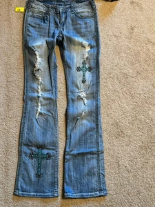 Cowgirl Tuff Jeans 28 X 37 Rhinestones Crosses Turquoise Distressed Tall Jeans - Picture 1 of 17