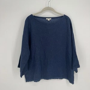 Eileen Fisher top small S blue virgin wool linen oversized boxy shirt blouse - Picture 1 of 6