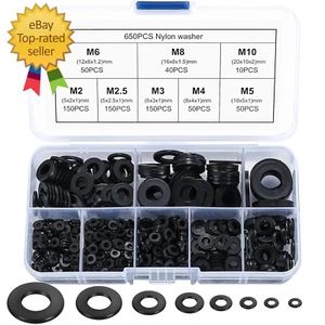 650 Pcs Black Nylon Flat Washer Assortment Kit, round Flat Nylon Washers - Picture 1 of 8