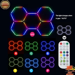 5 Grid Hexagon LED RGB Garage Lights Honeycomb Ceiling Light Remote Control - Picture 1 of 13