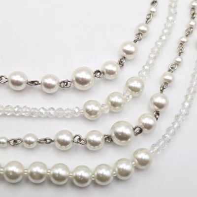 Premier Designs Long Faux Pearl and Glass Beads on Silvertone Link Necklace 63" - Image 1 of 3