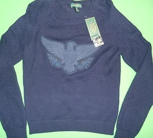 MAGLIONE COTONE RALPH LAUREN NUOVO CON ETICHETTE DONNA NAVY Ricamo blu aquila GRANDE L $129 - Foto 1 di 7