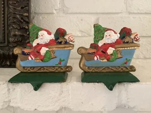 SANTA'in his Sleigh Vtg Cast Iron Stocking Hanger 2 Pcs - Picture 1 of 4