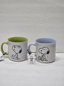 Large Peanuts Coffee Mug Happy Snoopy. Pretty Blue& Green Woodstock Inside 2 Set - Picture 1 of 7