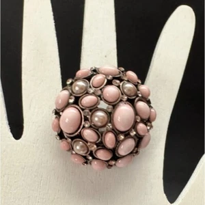 Pink Cabochon Faux Pearl Crystals Dome Ring Adjustable Size 10 to14 - Picture 1 of 4