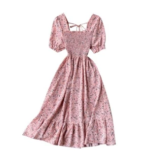 Damen Tee Kleid Blumenmuster Rüschen Chiffon Quadrat Hals Puff Ärmel Midi Eng - Bild 1 von 20