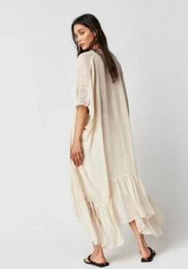 NWT O/S Free People Lovers Lane Embroidered Ruffle Kimono "Pink Rose" Off White - Picture 1 of 3