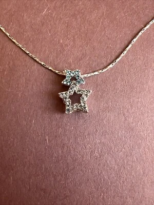 Collar Cadena Plata 18KGP Doble Azul y Blanco Cristal Pavé Estrellas Colgante 15" Foto 1 de 4