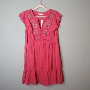Sonoma Dress Sz Large Berry Red Floral Embroidered Pockets Cottage Boho V Neck - Picture 1 of 14