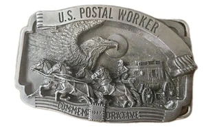 Vintage 1987 U.S. POSTAL WORKER Belt Buckle Pewter Stagecoach Horses 1857/5000 - Picture 1 of 5