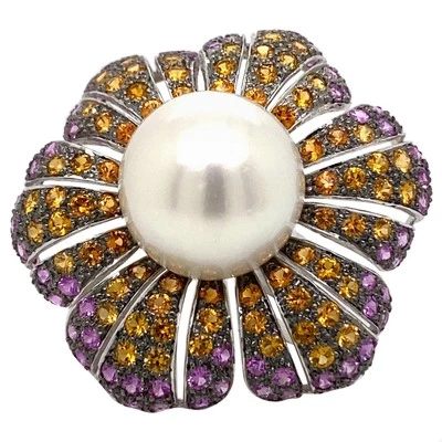 Pearl and Multi-Color Sapphire Floral Ring 18 Karat White Gold - Image 1 of 4