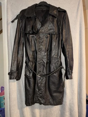 Black Vintage 1960s Genuine Leather Trench Coat with Belt Mens Large - Image 1 of 4