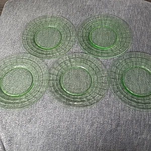 (5) Anchor Hocking Block Optic Green Uranium Depression Glass 8” Plates - Picture 1 of 7