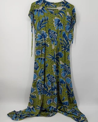 Maxi Vestido Vera For Anthropologie Bluebell Satinado Azul Verde Talla Mediana Floral Foto 1 de 4