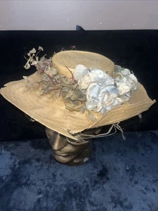 Antico cappello di paglia tessuto edoardiano XIX secolo prateria mulino fiore inclinazione cappello - Foto 1 di 23