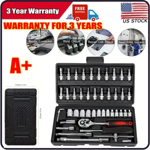 46PCS Ratsche Drehmoment Wench Kit Hand Reparatur Werkzeug für Auto Fahrrad 1/4" Steckschlüssel mit Box - Bild 1 von 14