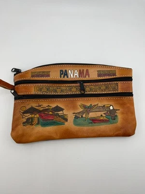 Bolso sin asas vintage de cuero marrón pintado con cremallera Panama Souveni Travel Tooled Foto 1 de 4