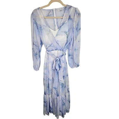 Calvin Klein Dress Tiered Dress Faux Wrap Dress Midi Dress Blue 6 Sheer Dress  - Image 1 of 4
