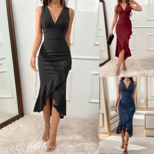 Women's Long Sleeveless Bodycon Ruffles Midi Dress Solid V-Neck Ball Gown Dress - Picture 1 of 21