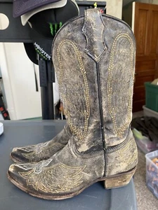 Corral Wings 1029 Western Distressed Black Leather Snip Toe Boots Teen Sz 5 T - Picture 1 of 11