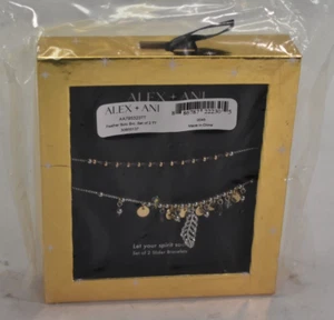 Alex + Ani Feather Bolo Bracelet Two Tone Purple Charm Set of 2 Slider Bracelets - Picture 1 of 5
