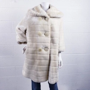 Vintage 50s Womens Ivory Swing Coat Faux Fur Double Breasted Large Collar - Picture 1 of 10