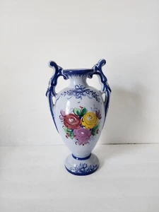 Vestal Alcobaca Hand Painted Vase Pottery Made in Portugal Vintage Blue Floral - Picture 1 of 17