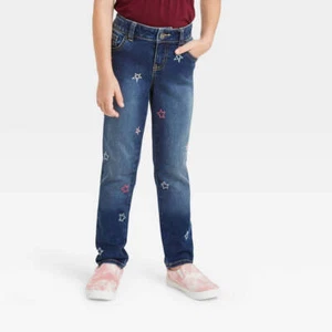 Cat & Jack Skinny Jeans Girls 6 or 7 Mid Rise Embroidered Star Medium Wash A3014 - Picture 1 of 5