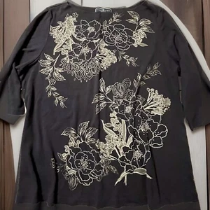 Karen Scott Woman Casual Floral Shiny Spangle Pullover Top Size 2X Navy Blu - Picture 1 of 5