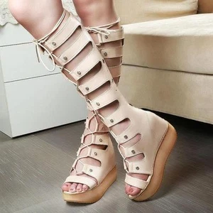 Women Open Toe Knee High Boots Platform High Heel Lace Up Gladiator Sandals Shoe - Picture 1 of 11