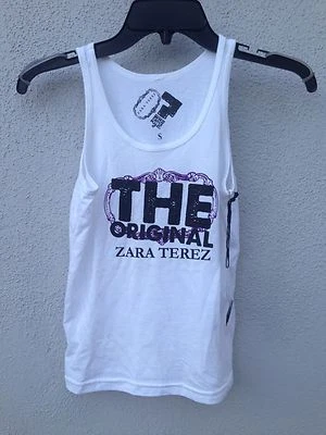 Camiseta sin mangas Zara Terez blanca con estampado de logotipo púrpura súper suave $40 nueva con etiquetas Foto 1 de 2