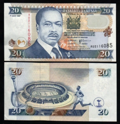 Kenya 20 SHILLINGS P-35 1997 OLYMPIC Torch Stadium Moi Kenyan Currency UNC NOTE - Image 1 of 4